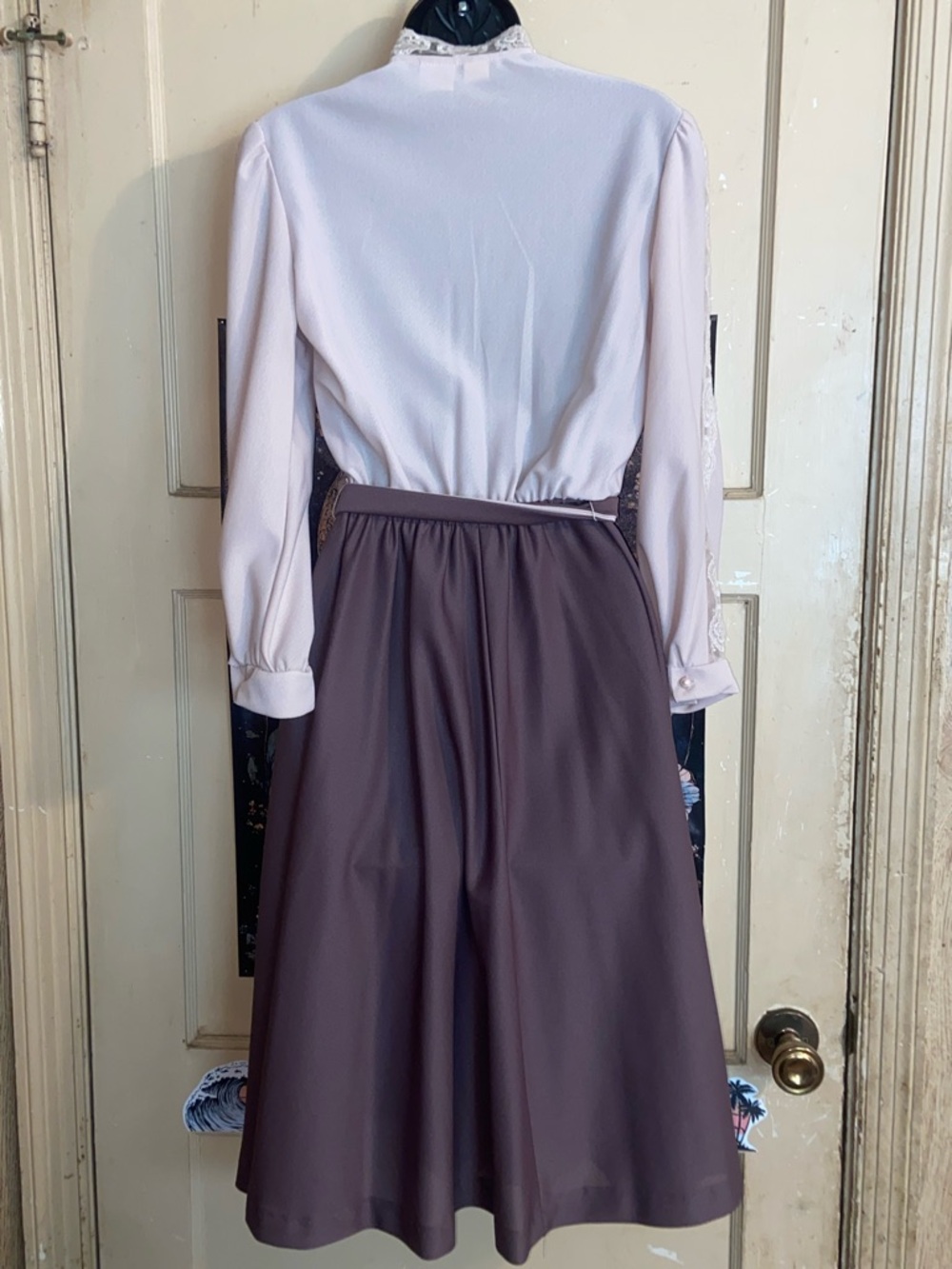 80s BEDFORD FAIR DRESS Pink & Brown Lace High Neck - Picture 5 of 8